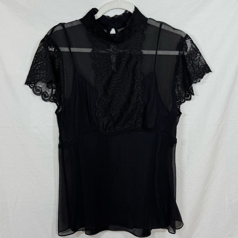 SOLD Black Sheer Silk Short Sleeve Blouse Lace Trim The Limited, Large, Camisole - Picture 10 of 16